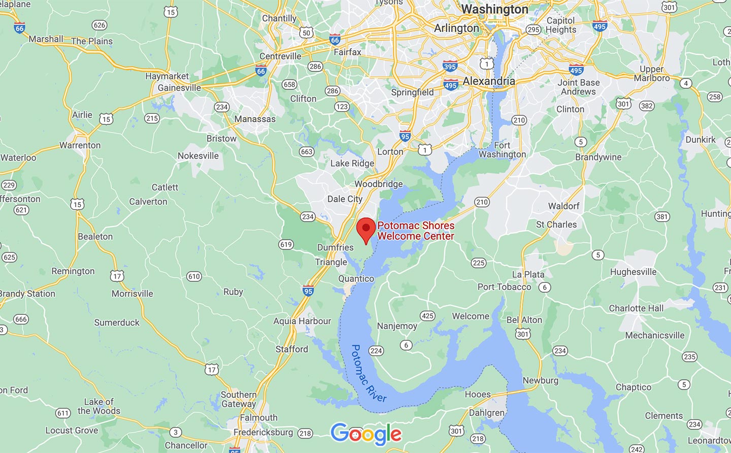 Map of Potomac Shores and the surrounding area, from Google Maps